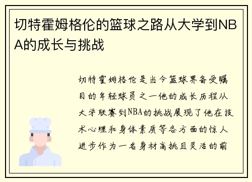 切特霍姆格伦的篮球之路从大学到NBA的成长与挑战