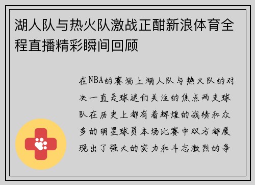 湖人队与热火队激战正酣新浪体育全程直播精彩瞬间回顾