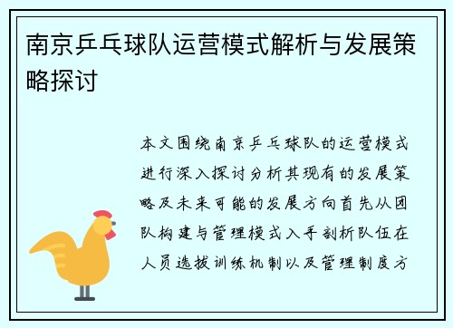 南京乒乓球队运营模式解析与发展策略探讨