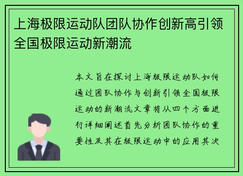 上海极限运动队团队协作创新高引领全国极限运动新潮流