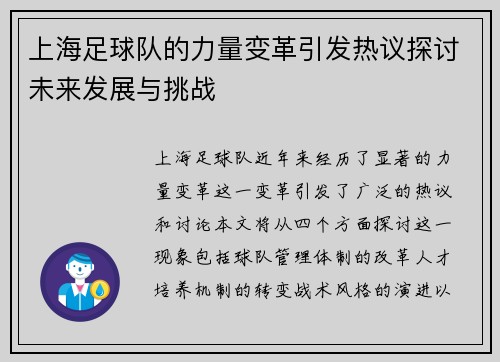 上海足球队的力量变革引发热议探讨未来发展与挑战