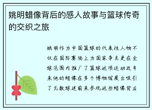 姚明蜡像背后的感人故事与篮球传奇的交织之旅