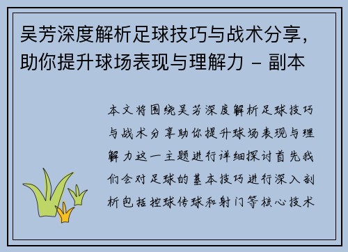 吴芳深度解析足球技巧与战术分享，助你提升球场表现与理解力 - 副本