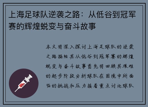 上海足球队逆袭之路：从低谷到冠军赛的辉煌蜕变与奋斗故事